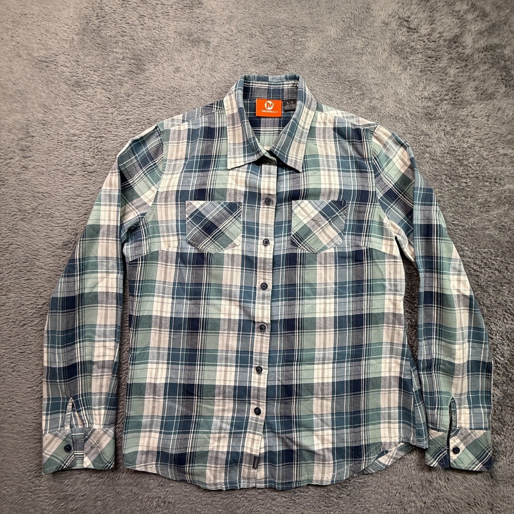 Merrell Womens Button Up Plaid Flannel Shirt 100% Cotton S Blue White Outdoor